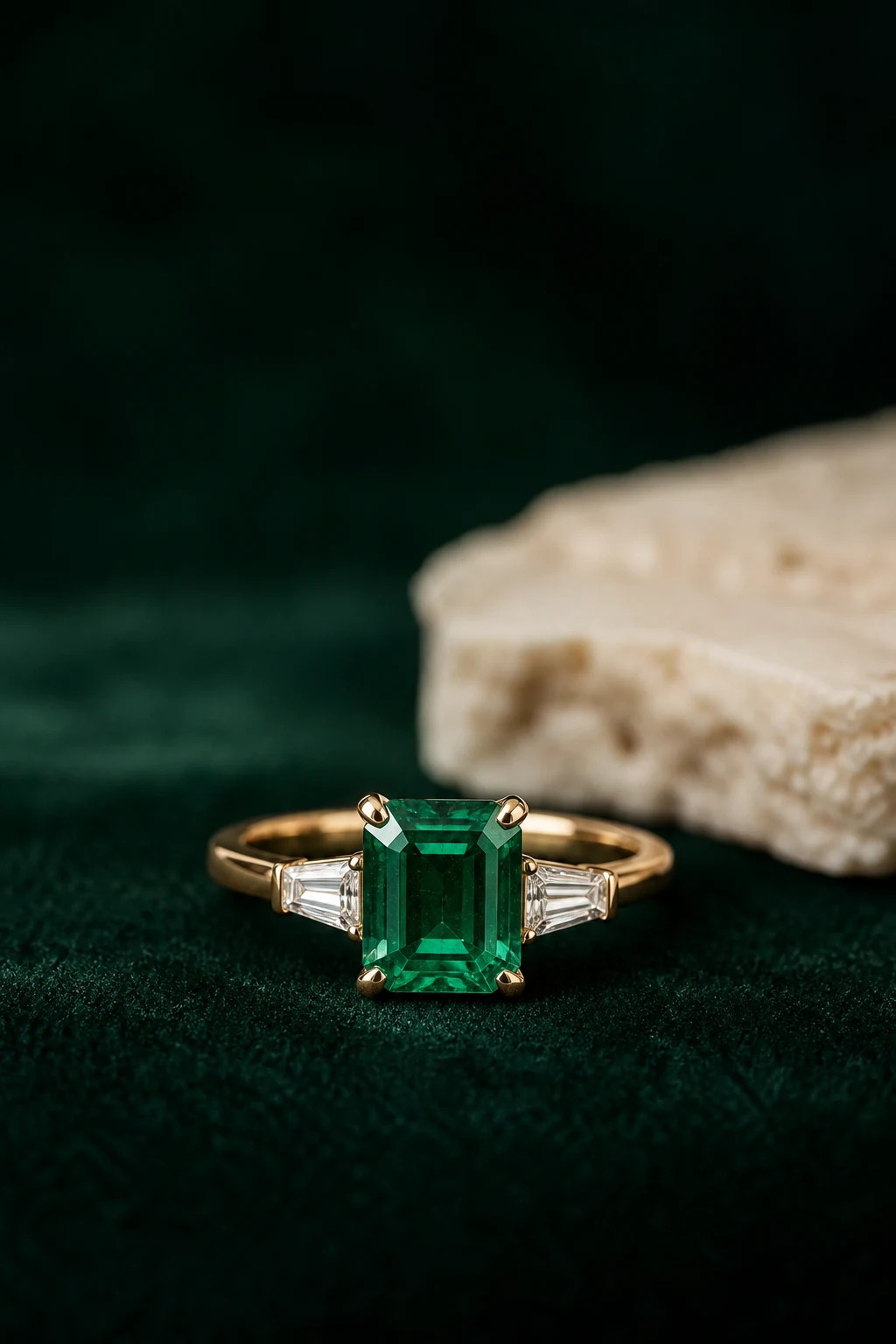 Natural emerald engagement ring with diamond shoulders in yellow gold